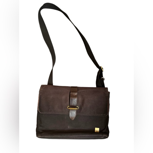 KNOMO LONDON TROON Slim Messenger Laptop Bag Brown Canvas Leather Satchel - Picture 8 of 17